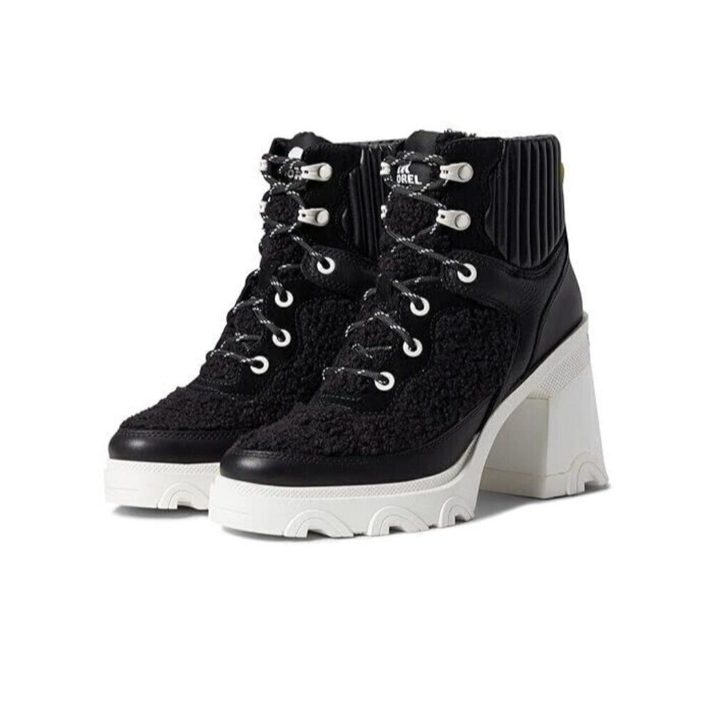 Sorel Brex Heel Cozy Lace Up Boots Womens 8.5 Black White‎